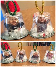 four different pictures of children's faces in glass bell jars with christmas decorations on them