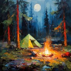 a painting of a campfire with a tent in the background