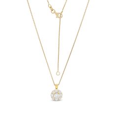 Sparkling with sweetest style, this diamond pendant pairs well with any look. Created in 14K gold, this flower-shaped choice features a 1/2 ct. certified diamond - boasting a color rank of I and clarity of I2 - shimmering in a scalloped frame of 1/10 ct. diamonds. Charming with 1-1/5 cts. t.w. of diamonds and a brilliant buffed luster, this pendant suspends along a 16.0-inch curb chain with 2.0-inch extender that secures with a lobster claw clasp. This design arrives with a certificate that incl Yellow Gold Brilliant Cut Diamond Flower Pendant Necklace, Yellow Gold Flower-shaped Diamond Necklace For Anniversary, Yellow Gold Diamond Necklace In Flower Shape For Anniversary, Yellow Gold Diamond Necklace With Flower Accents, Yellow Gold Diamond Necklace With Brilliant Flower Cut, Yellow Gold Diamond Necklace In Flower Shape, Frame Flower, Sweet Style, Flower Pendant