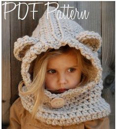 Crochet PATTERN-The Baylie Bear Cowl (12/18 month,Toddler, Child, Adult sizes) Velvet Acorn, Hooded Cowl, شال كر�وشيه, Crochet Mignon, Cowl Knitting Pattern, Haken Baby, Bear Hat, Hooded Scarf, Cowl Pattern