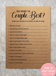 a brown paper card with the words who knows the couple best? on it and a question