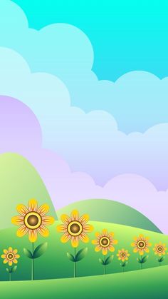 a field with sunflowers and clouds in the sky on a sunny day illustration