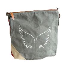 Angel Wing Small Gray Crossbody. Repurposed and sustainable upcycled canvas bag. This small and simple, slimline bag has room for all the necessitates. Lightweight with an adjustable strap it easily goes from shoulder bag to crossbody and has the message of happiness, hope, faith or remembrance. NOTE: The run on this particular bag is a darker gray color than shown. - Dimensions: 9.5" X 11" --> Please check out these dims! - Genuine Leather Trimmed Top- Repurposed Military Canvas- Blue and White Military Cross, Best Beach Bag, Canvas Crossbody Bag, Dark Grey Color, Angel Wings, Beach Tote Bags, How To Show Love, Everyday Bag, Perfect Bag