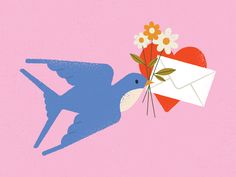 a blue bird holding a bouquet of flowers and an envelope with a heart on it