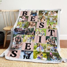 a blanket with the words best friends on it and pictures of people in different colors