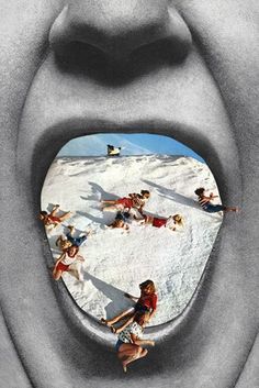 a woman's mouth is shown with the image of people on skis in front of her