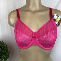 New With Tags Unlined Underwire Cups Adjustable Shoulder Straps Double Tier Rear Hook & Eye Close Sheer Full Cup Bra, Pink Sheer Underwire Bra, Sheer Pink Bra For Spring, Pink Sheer Bra For Spring, Spring Sheer Pink Bra, Summer Sheer Full Coverage Bra, Hook Eye, Lace Bra, Shoulder Straps