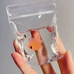 a hand holding a small plastic fish in a clear box with water inside it,