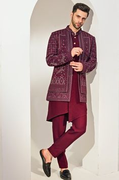 Maroon Indo - Western Embroidery Kurta Jacket Set Chatenya Mittal - Fabilicious Fashion Maroon Mens Outfit, Traditional Footwear For Men, Elegant Multicolor Embroidered Outerwear For Festive Occasions, Elegant Multicolor Embroidered Festive Outerwear, Elegant Festive Outerwear With Multicolor Embroidery, Elegant Festive Multicolor Embroidery Outerwear, Elegant Floral Embroidered Kurta For Winter, Designer Transitional Outerwear With Floral Embroidery, Elegant Embroidered Sets For Winter