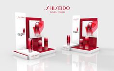 two red and white display cases with lipstick on the front, one is for shieddo