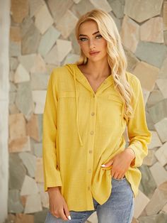 Purple Hooded Solid Buttons Casual Long Sleeve Blouse Hooded Solid Color Tops, Spring Hooded Top With Pockets, Hooded Top With Pockets For Spring, Hooded Summer Top With Pockets, Summer Hooded Tops With Pockets, Yellow Hooded Tops For Spring, Yellow Hooded Top For Spring, Zipper Shirt, Purple L