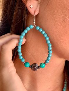 Turquoise Large Beads Drop Earrings, Turquoise Drop Earrings With Large Beads, Turquoise Beaded Teardrop Hoop Earrings, Turquoise Dangle Earrings With Large Beads, Adjustable Turquoise Earrings With Large Beads, Jewelry Techniques, Earrings Hoop, Beaded Hoops, Girly Jewelry