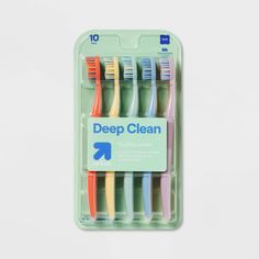 Ensure everyone in the family has a new toothbrush whenever they need one with this 10-Pack of Soft Deep Clean Toothbrushes from up & up™. This pack includes 10 toothbrushes in a variety of fun colors, all designed with soft bristles that change color when it's time to switch to a new toothbrush. Recommended for ages 3 and up, they also have angled end tips that make it easier to clean hard-to-reach areas of the mouth. We believe making smart choices for the people, places, and pets in your life Tooth Brush Aesthetic, Cute Toothbrush, Bathroom Dorm, Toothbrush Design, Bathroom Stuff, Brush Teeth Kids, Floss Picks, Gum Care, Manual Toothbrush