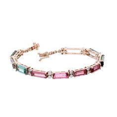 Tourmaline Diamond Bracelet 18k Rose Gold | Stackable Gemstone Jewelry For Woman | 7 Inch Length Statement Bracelet Jewelry | Anniversary STONE DETAILS : ❋ Stone : Tourmaline ❋ Stone Size : 4X12 MM Approx.  ❋ Stone Shape : Baguette Cut ❋ Stone Weight : 13.15 Cts. Approx. ❋ Stone Type : Natural ❋ Diamond Weight : 0.55 Cts. Approx. ❋ Diamond Color-Clarity : HI-SI ❋ Diamond Type : Natural METAL DETAILS : ❋ Metal Purity : Solid 18K Gold  ❋ Metal Color : Rose Gold ❋ Bracelet Length : 7.00 Inches Appr Elegant Rose Gold Tourmaline Jewelry, Elegant Pink Multi-stone Bracelets, Elegant Pink Tourmaline Bracelets, Wedding Jewelry Bracelets, Tourmaline Stone, Rose Gold Bracelet, Statement Bracelet, Handmade Fashion, Wedding Bracelet