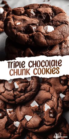 triple chocolate chunk cookies stacked on top of each other with marshmallows in the middle