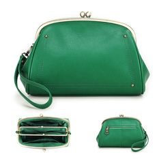 PRICES MAY VARY. Premium Leather - Crafed from full grain leather, womens clutch wallets is durable, soft and has a retro luxurious look Dimension - 9.05 x 5.9 x 4.72 inches (23 x 15 x 12 cm). Compact size of ladies leather green clutch bags evening with strap come with a detachable wristlet strap and 2 kiss clasp design Large Capacity - 1 top metal kiss frame main pocket has 2 comparment pouches, 1 small kisslock pocket, 1 inside zip pouch and 1 back zipper pocket. Genuine leather clutch bag fo Large Clutch Purse, Green Clutch, Womens Clutch, Green Clutches, Wallet Vintage, Clutch Bag Wedding, Wrist Wallet, Large Clutch, Vintage Handbag