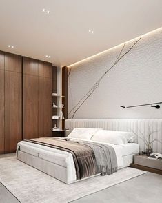 a modern bedroom with white and wood decor