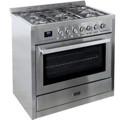 a stainless steel stove with four burners and one oven door open, on a white background