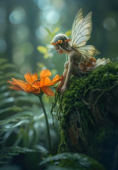 a little fairy sitting on top of a mossy log next to an orange flower