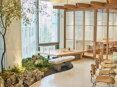 an indoor dining area with tables, chairs and a bonsai tree in the center