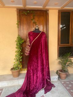 purple pink  velvet saree with hand embroidery blouse |desigber saree with readymade blouse | sarees USA | velvet silk saree /pink velvet saree with full sleeve stitched blouse / voggish / heavy full  sleeve maggam blouse      you are absolutely gonna fall in love with this unique modern  saree look with our stitched ready to wear blouses(includes the price) with a modern touch to them is perfect for your upcoming saree occassion that really makes you stand apart in crowd !!     You dont really Velvet Traditional Wear For Diwali, Velvet Choli With Traditional Drape For Parties, Festive Velvet Saree, Velvet Semi-stitched Sharara For Party, Velvet Sharara With Sheer Dupatta For Diwali, Festive Velvet Dupatta For Parties, Festive Velvet Traditional Wear With Traditional Drape, Party Velvet Sharara Semi-stitched, Velvet Party Saree