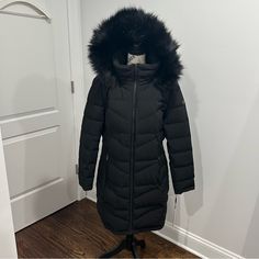 Calvin Klein Faux-Fur-Trim Hooded Puffer Coat Color: Black Size: Xl New With Tags Winter Down Outerwear With Faux Fur Lining, Faux Fur Puffer Outerwear For Cold Weather, Fitted Down Outerwear With Faux Fur Lining, Cold Weather Outerwear With Detachable Hood And Faux Fur, Cold Weather Faux Fur Outerwear With Detachable Hood, Faux Fur Puffer Jacket For Cold Weather, Calvin Klein Hooded Winter Outerwear, Black Hooded Faux Fur Outerwear, Long Sleeve Down Outerwear With Faux Fur Trim