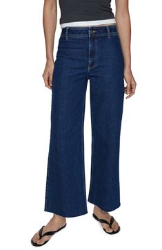 Inspired by retro culottes, these wide-leg jeans feature a flat-front waist, raw hems and dark-wash, low-stretch denim with minimal fading. Zip fly with button closure Back patch pockets 99% cotton, 1% elastane Machine wash, line dry Imported Casual Flare Cropped Jeans For Work, Flared Cropped Jeans For Workwear, Dark Wash High-waist Wide Leg Pants, Denim Blue Wide Leg Flare Jeans For Work, Wide Leg Denim Blue Flare Jeans For Work, Chic Denim Blue Wide-leg Cropped Jeans, Chic Wide-leg Cropped Jeans In Denim Blue, Dark Wash Wide-leg Cropped Cotton Jeans, Chic Wide Leg Cropped Jeans In Denim Blue