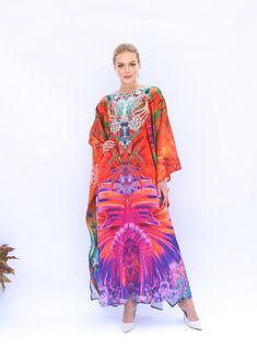 Unleash  the inner magic with new vibrant kaftan dress, inspired by the graceful wings of birds, floral print and the decorated highlight at neckline. This fancy and happy dress will brings you to a world of wonder, where you can fly free and embrace your unique beauty. The fabric is blended silk so the care is more easier with washing and iron, in addition less wrinkles. It's totally smoothly flowy, soft and gentle touch. Note: There is no crystal/bead/ or sequin on the neck line ( if you requi Red Long Sleeve Dress For Beach Cover-up, Festive Printed Dresses With Kimono Sleeves, Festive Printed Dress With Kimono Sleeves, Orange Maxi Length Kaftan For Spring, Long Multicolor Dresses For Festivals, Orange Bohemian Kaftan With Floral Print, Multicolor Tunic Dress For Eid, Multicolor Maxi Dress For Festivals, Multicolor Print Long Sleeve Dress For Festival