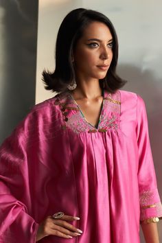 Pink chanderi kurta with placed zari embroidered egyptian motifs, embellished by sequins. Comes with pant and dupatta. - Aza Fashions Festive Chanderi V-neck Kurta, Festive V-neck Traditional Wear For Eid, Traditional V-neck Kurta With Dabka Work, V-neck Palazzo Set With Zari Work For Eid, Designer V-neck Kurta For Festive Occasions, Festive Designer Wear V-neck Kurta, Designer Festive V-neck Kurta, Traditional V-neck Anarkali Set, Festive V-neck Traditional Wear With Dabka Work