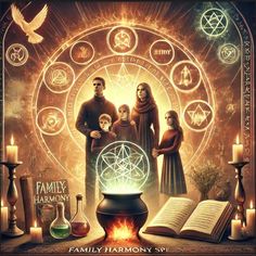 an image of family harmony surrounded by candles and books in front of a circle with symbols