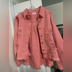 Medium Never Worn, Kept In Storage. A Button Cover Is Missing The Front Piece Spring Denim Jacket With Frayed Hem, Pink Button-up Denim Jacket, Distressed Cotton Button-up Outerwear, Summer Button-up Outerwear With Frayed Hem, Distressed Cotton Outerwear For Day Out, Cotton Denim Jacket With Buttons For Day Out, Distressed Denim Jacket For Day Out, Trendy Ripped Button-up Denim Jacket, Trendy Ripped Button-up Outerwear