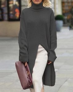 casual-long-sleeve-turtleneck-sweater-202474546821 Solid Midi Dress, Dress Sweater, Long Sleeve Sweater Dress, Long Sleeve Turtleneck, Sweaters Online, Winter Dresses, Long Sweaters, High Collar, Stylish Dresses