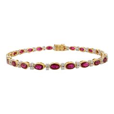 This is part of Chairish’s Fine Jewelry assortment.  This 6.37 Carat Red Ruby Diamond Tennis Bracelet in 18K gold showcases 6.37 carats endlessly sparkling natural ruby and 0.83 carats of diamonds. It measures 7.25 inches long in length.  Ruby improves mental strength.  Designed with perfect oval cut ruby set with diamonds to make you stand out on any occasion or event. The elegant style complements the attire beautifully and is a perfect Engagement Gift, Bridal Shower Gift, Gift For Love, Gift Perfect Engagement Gifts, Ruby Bracelet, Mother Daughter Gifts, Modern Bracelets, Book Jewelry, Tennis Bracelet Diamond, Ruby Diamond, Birthstone Bracelets, Tennis Bracelet