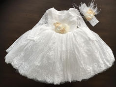 A long sleeve white lace baptism dress, lace christening princess dress Lace Baptism Dress For Pageant, Cream Lace Baptism Dress For Pageant, Lace Baptism Dress For Pageant With Lace Trim, Baby Christening Dress, Christening Dress Baby Girl, Baby Baptism Dress, Baptism Dress Baby Girl, White Long Sleeves, Baby Girl Christening