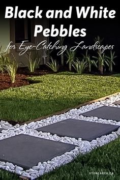 STONEarch Product Feature: Black and White Pebbles for Landscaping 	Black and White Pebbles for Eye-Catching Landscapes Pebbles And Pavers Backyard Ideas, Black Stepping Stones Garden Paths, Black And White Garden Ideas, Pavers And Pebbles, Black And White Backyard, Modern Pathway, Landscaping Aesthetic, Stone Garden Design, Front Pathway