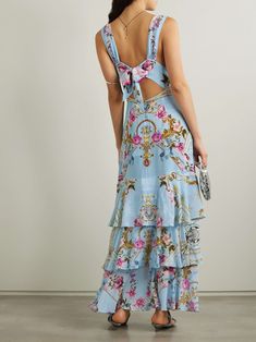 Designer Silk Floral Print Dress, Designer Silk Dress With Floral Print, Chic Tiered Silk Maxi Dress, Chic Silk Tiered Maxi Dress, Luxury Floral Print Summer Dress, Spring Luxury Maxi Dress, Summer Tiered Silk Maxi Dress, Summer Silk Tiered Maxi Dress, Tiered Floral Print Maxi Dress For Evening