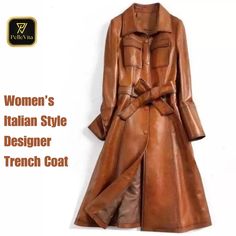 Elevate your style with the Women Italian Style Trench Coat, a stunning piece of streetwear designed for fashion-forward individuals. Crafted from premium quality PU leather, this handmade coat showcases a bold and sophisticated look with its striking brown color. The coat features three zip pockets on the chest and two on the waist, offering both functionality and a chic design. Designed with meticulous attention to detail, this trench coat boasts brilliantly executed cuts and premium stitching Classic Luxury Leather Jacket In Distressed Brown, Luxury Cognac Leather Jacket With Long Sleeves, Classic Luxury Distressed Brown Leather Jacket, Luxury Distressed Brown Casual Outerwear, Luxury Belted Outerwear For Night Out, Luxury Fall Outerwear With Double Button Closure, Luxury Leather Jacket With Double Button For Fall, Luxury Leather Pea Coat For Workwear, Luxury Brown Double-breasted Leather Jacket