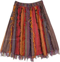 A mid-length skirt in multicolor fall toned striped fabric in vertical patchwork.  Thread fringes are left from these patches that hang vertically and this gives the skirt a gypsy look. #tlb #Patchwork #Stonewash #JuniorPetite #Misses #Fringe Skirt With Frills, Swag Clothes, Long Cotton Skirt, Maxi Skirts Summer, Ankle Length Skirt, Hippie Look, Patchwork Skirt, Trendy Skirts, Wrap Around Skirt