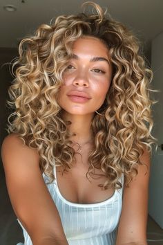 Curly Hair With Balayage Highlights, Natural Curly Hair Blonde Highlights, Curly Blond Highlight, Curls With Blonde Highlights, Blond Highlights Curly Hair, Hair Colour Curly Hair, Blonde Curly Highlights, Natural Curly Hair Blonde, Curly Hair Blonde Balayage