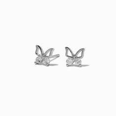 Lovely butterflies are made even more elegant with the addition of real cubic zirconia stones! You'll love wearing these dainty studs by themselves, or stacked with other silver-tone earrings if you have multiple piercings. Finish: Silver-toneClosure: Post backMaterial: Cubic zirconia, Metal - Claire's Cubic Zirconia Butterfly Outline Stud Earrings Silver Cubic Zirconia Butterfly Earrings, Silver Butterfly Charm Earrings With Cubic Zirconia, Silver Cubic Zirconia Earrings With Butterfly Charm, Sliver Earing, Butterfly Outline, Sliver Earrings, Piercing Kit, Earrings Butterfly, Dainty Studs