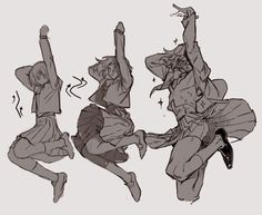 some drawings of people doing different things with their arms in the air and legs out