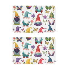 two placemats with colorful gnomes and flowers on the sides, one has a butterfly