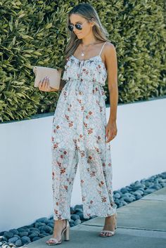 Floral Print Spaghetti Strap Ruffled Wide Leg Jumpsuit Spaghetti Strap Jumpsuit, Floral Print Jumpsuit, Wide Leg Romper, Print Jumpsuit, Floral Jumpsuit, Girl Next Door, Floral Style, Wide Leg Jumpsuit, Tie Neck