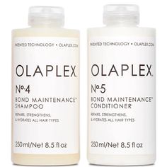 Olaplex No.5 Bond Maintenance Conditioner 8.5 oz The No. 5 Bond Maintenance Conditioner is a highly-moisturizing, reparative conditioner that protects and repairs damaged hair, split ends, and frizz by re-linking broken bonds. It is for all hair types and leaves hair easy to manage, shiny, and healthier with each use. It is color-safe, leaves hair stronger than ever, and benefits all hair types and textures. Olaplex No.4 Bond Maintenance Shampoo 8.5 oz This shampoo repairs and protects hair from everyday stresses - including damaged hair, split ends, and frizz - by re-linking broken bonds. No 4 is color-safe and proven to reduce breakage and strengthen all types of hair. Olaplex Products, Olaplex Shampoo, Good Shampoo And Conditioner, Shampoo And Conditioner Set, Vitis Vinifera, Best Shampoos, Damaged Hair Repair, Hair Breakage, Hair Maintenance