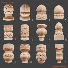 the different styles and shapes of carved wooden corbs