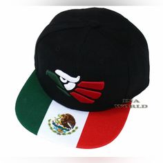 a black hat with mexican flag on the front and green, white, and red stripes