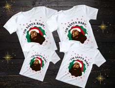 two t - shirts with an image of a bear wearing a santa hat and the words i'm santa baby on them