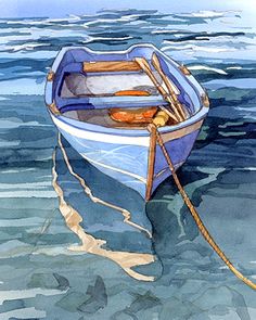 a watercolor painting of a blue boat floating on top of the ocean next to shore