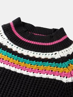 Striped Knitting O-neck Long Sleeve Casual Sweater Multicolor Knit Cropped Sweater With Crew Neck, Pointelle Knit Turtleneck Sweater, Turtleneck Pointelle Knit Sweater, Turtleneck Pointelle Sweater, Multicolor Stretch Knit Sweater, Multicolor Pointelle Knit Sweater For Fall, Multicolor Open Knit Sweater, Black Pointelle Knit Top For Winter, Fall Multicolor Pointelle Knit Sweater