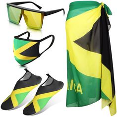 PRICES MAY VARY. Ideal Vacation Suit Combination: the package come with 1 piece of Jamaican swimsuit cover up, 1 piece of Jamaica sunglasses, 1 pair of Jamaican sandals and 1 piece of Jamaican face mask for men women, offering you an attractive outfit from head to foot Reliable Material for Comfortable Wearing: made of quality chiffon, the cover up vacation scarf is pliable and serviceable in structure, breathable and lightweight, able to keep your body away from strong sunlight, sand, wind, etc Black Swimwear With Uv Protection For The Beach, Black Uv Protection Swimwear For The Beach, Yellow Swimwear With Uv Protection For Beach, Yellow Swimwear With Uv Protection For Summer, Yellow Uv Protection Swimwear For Summer, Vacation Outfits Black Women Tropical, Jamaican Swimsuit, Jamaica Colors, Black Sarong